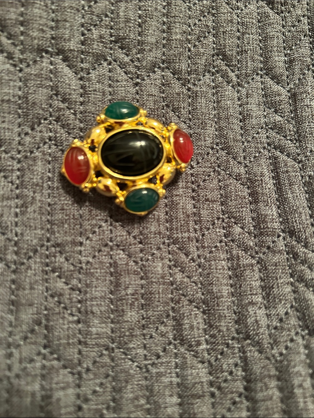 Vintage Gold-Tone Multicolor Cabochon Brooch - Black, Green & Red